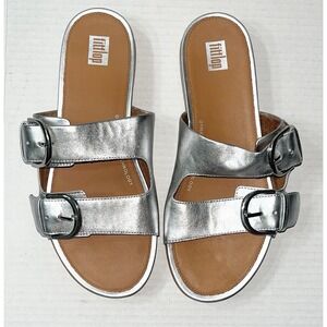 NWT FitFlop Gracie Leather Slide Sandal SZ 7 Silver Adjustable Comfort Vacation